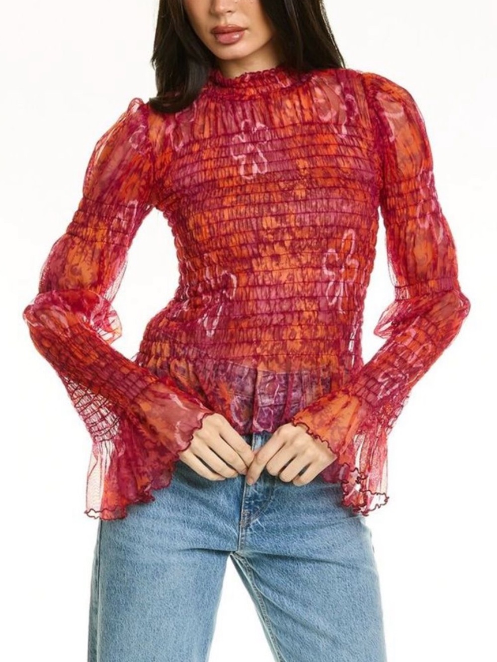 NWT Free People Hello There Smocked Floral Sheer Top
